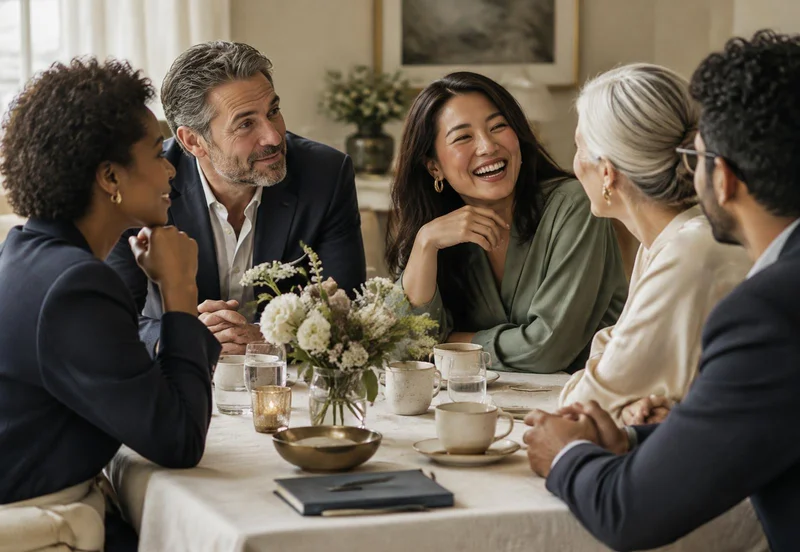 A small group of members in warm conversation around a table