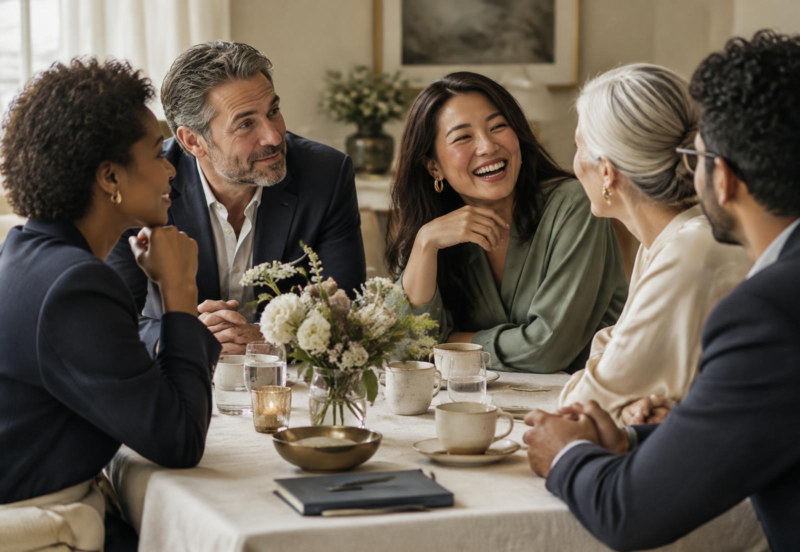 A small group of members in warm conversation around a table